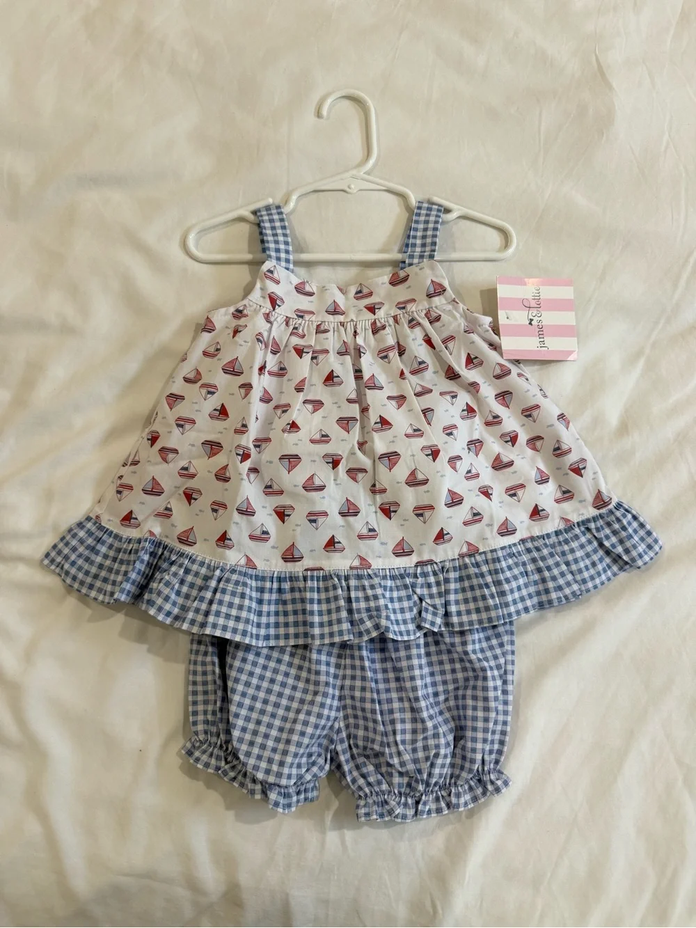 James & Lottie NWT Girls Blue Gingham & White/Red Sailboat Dress 3T